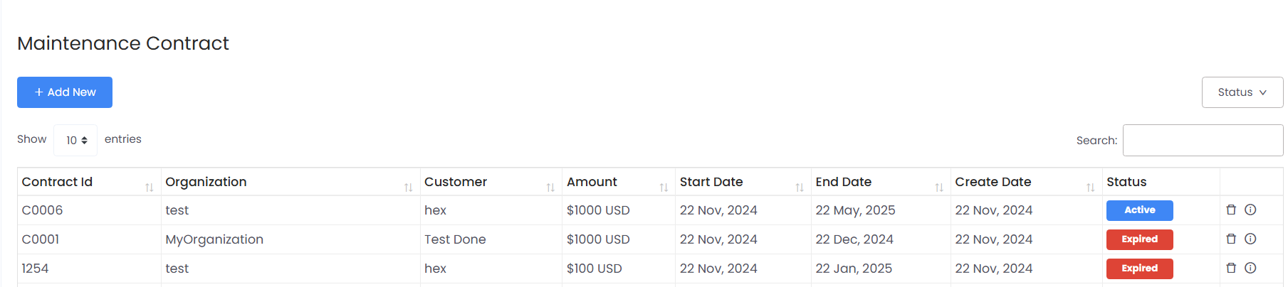 Maintenance Contracts Dashboard