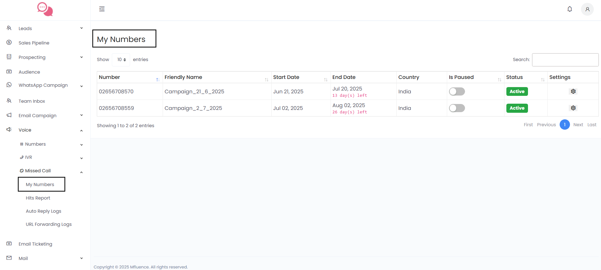 My Numbers - Missed Call Setup