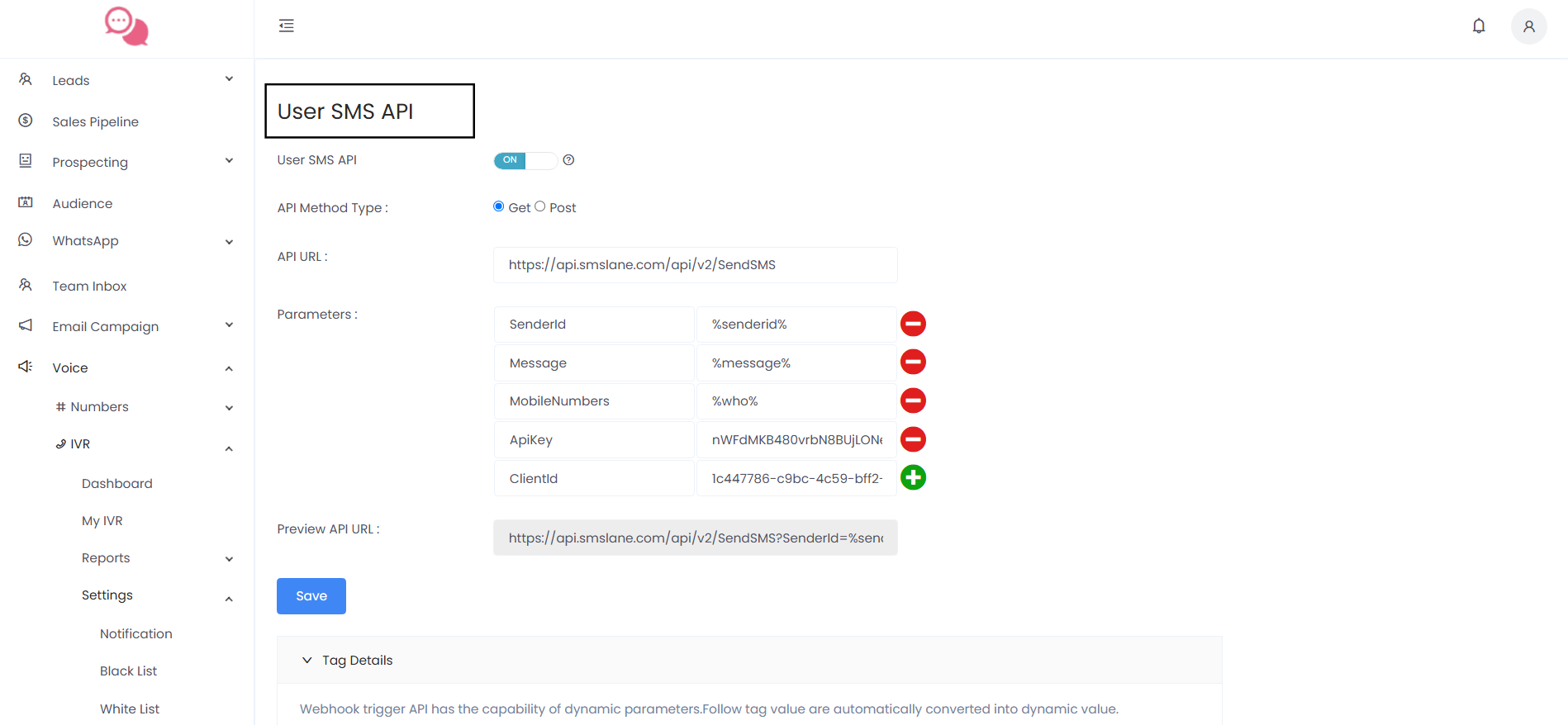 User SMS API Settings